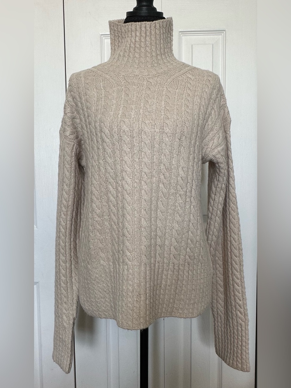 French Connection Beige Cable Knit Turtleneck Sweater, Size Small